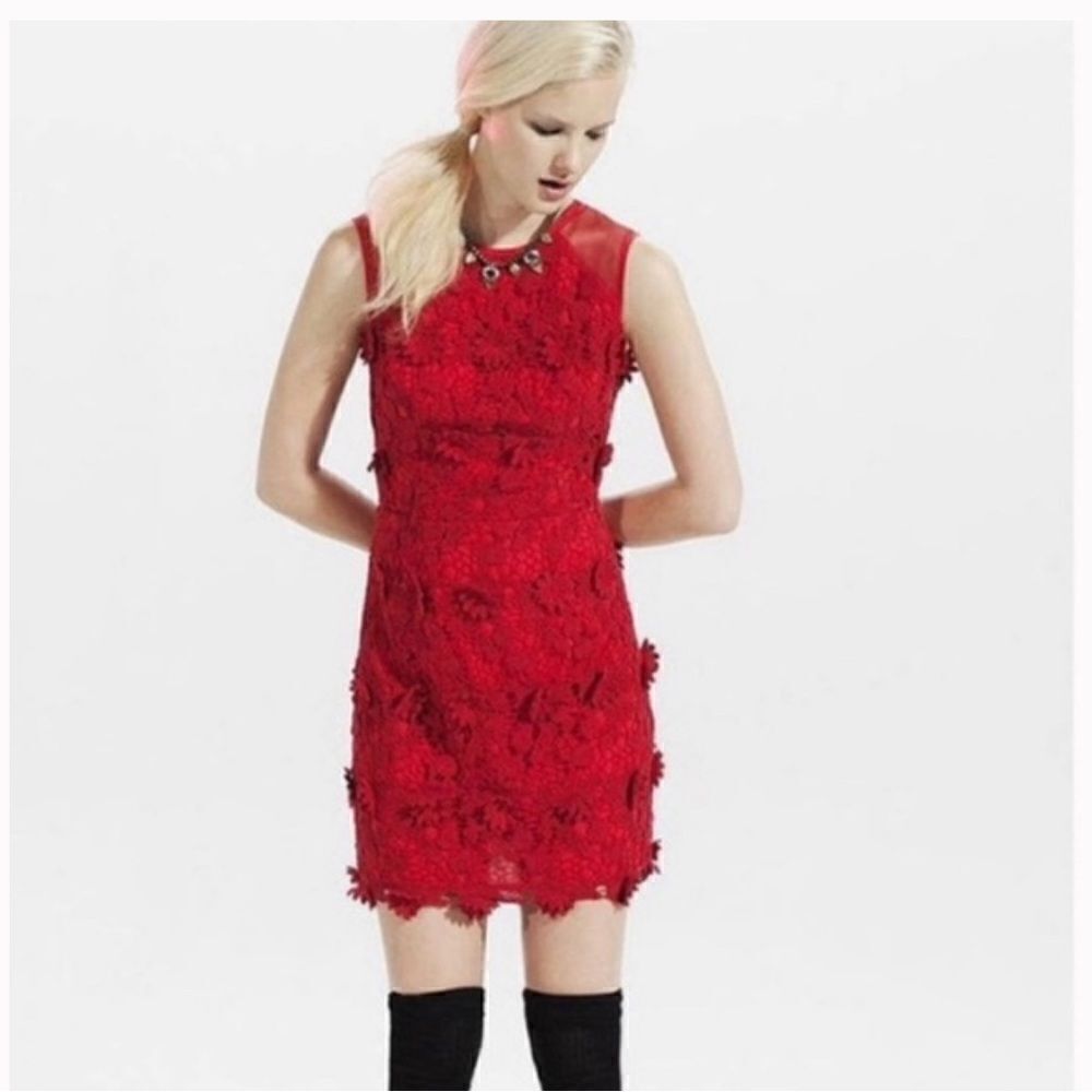 Thistle Pearl Red Lace Appliqué Dress – Sultry Holiday Party Look, Size 6